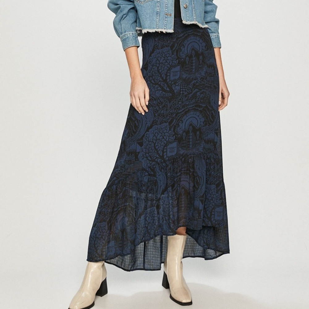 SCOTCH & SODA Navy Boho Midi Skirt High Low Ruffle Hem Size M